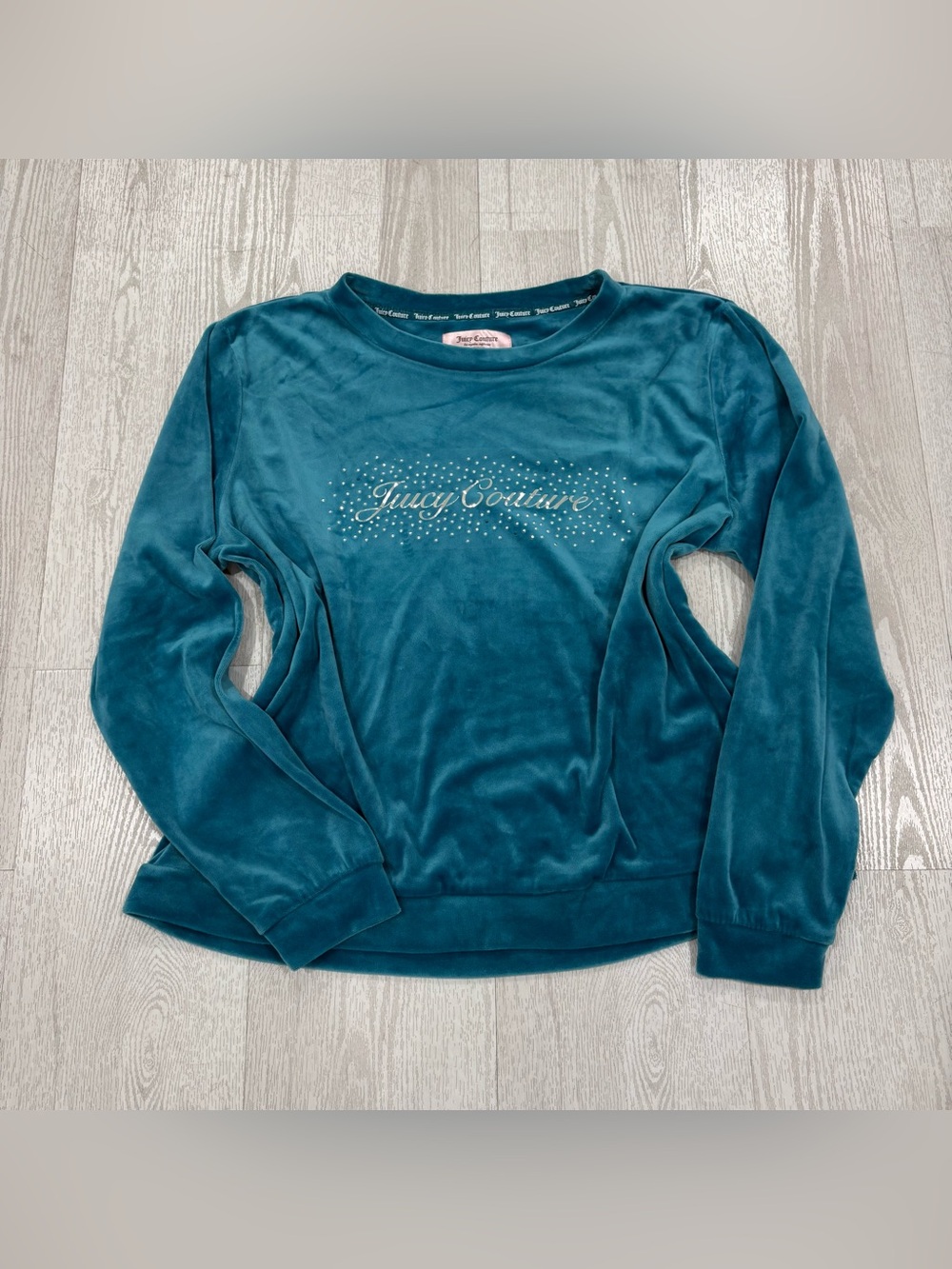 Juicy Couture Teal Blue Velour Rhinestone Logo Crewneck Pullover Size L